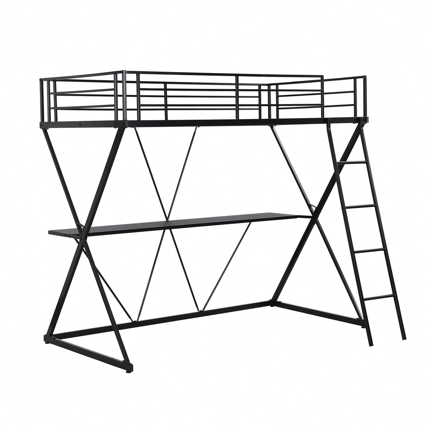 Twin Loft Bed With Desk And Full-Length Guardrails, X-Shaped Frame In Black