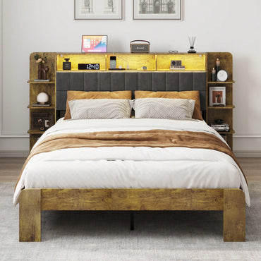 Queen Size Platform Bed Frame With Storage And LED Lights, Dark Gray Linen Headboard With Bookcase Shelves, Vintage Brown