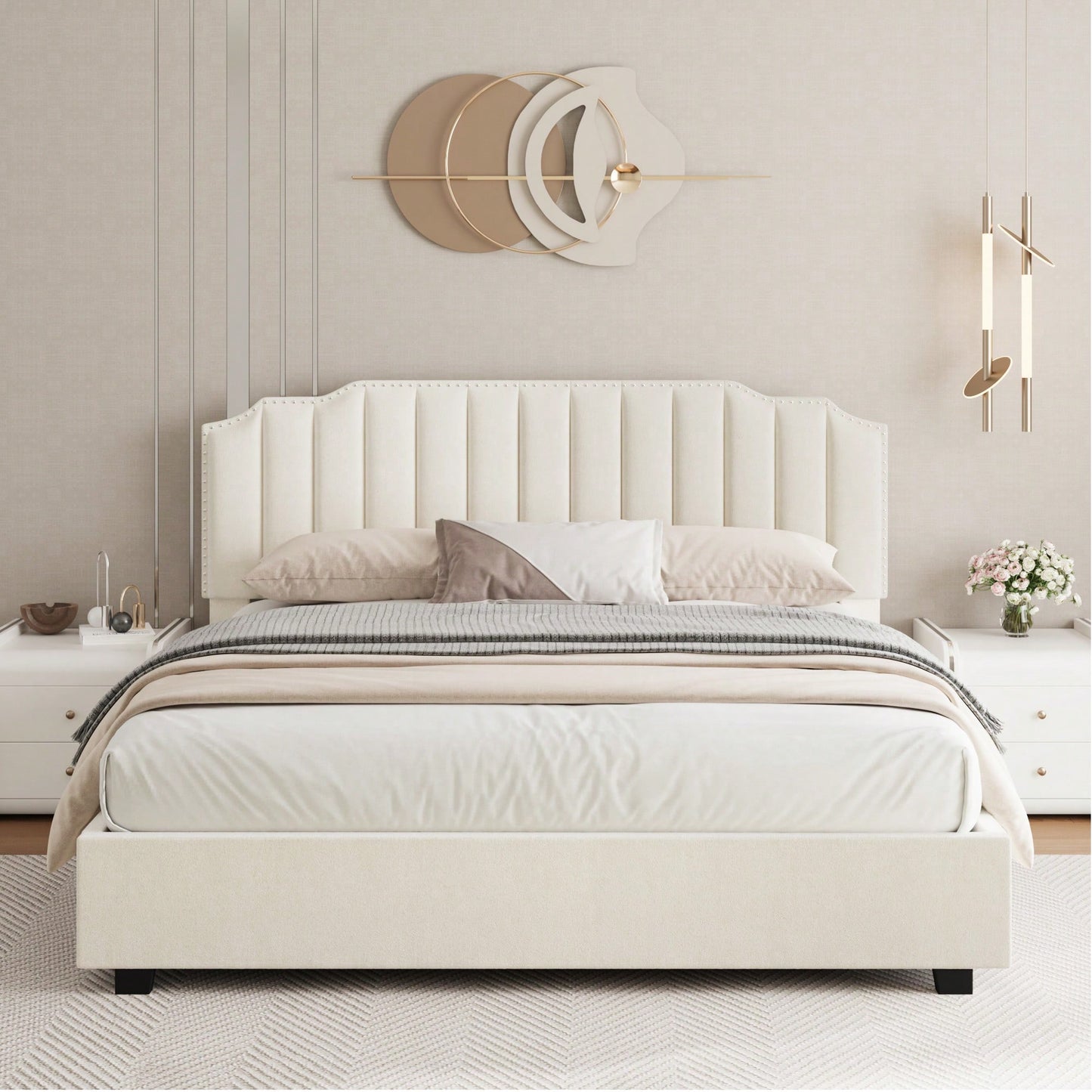 Luxurious Velvet Beige Queen Size Bed For Elegant Bedroom Decor