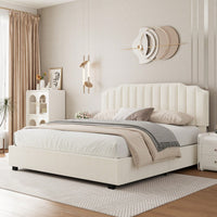 Luxurious Velvet Beige Queen Size Bed For Elegant Bedroom Decor