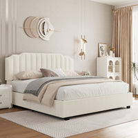 Luxurious Velvet Beige Queen Size Bed For Elegant Bedroom Decor