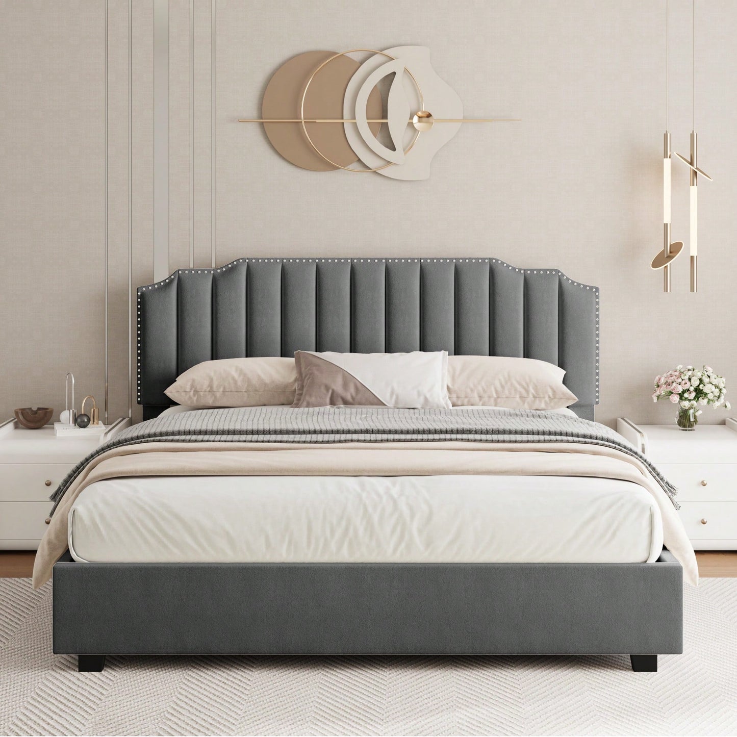 Luxurious Double Size Gray Velvet Bed With Elegant Design