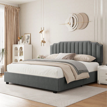 Luxurious Double Size Gray Velvet Bed With Elegant Design