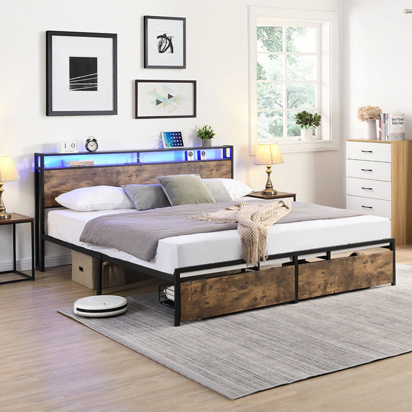 Full Size Bed Frame With Storage Headboard And Charging Station, Sturdy Noise-Free Design, No Box Spring Required, Easy To Assemble