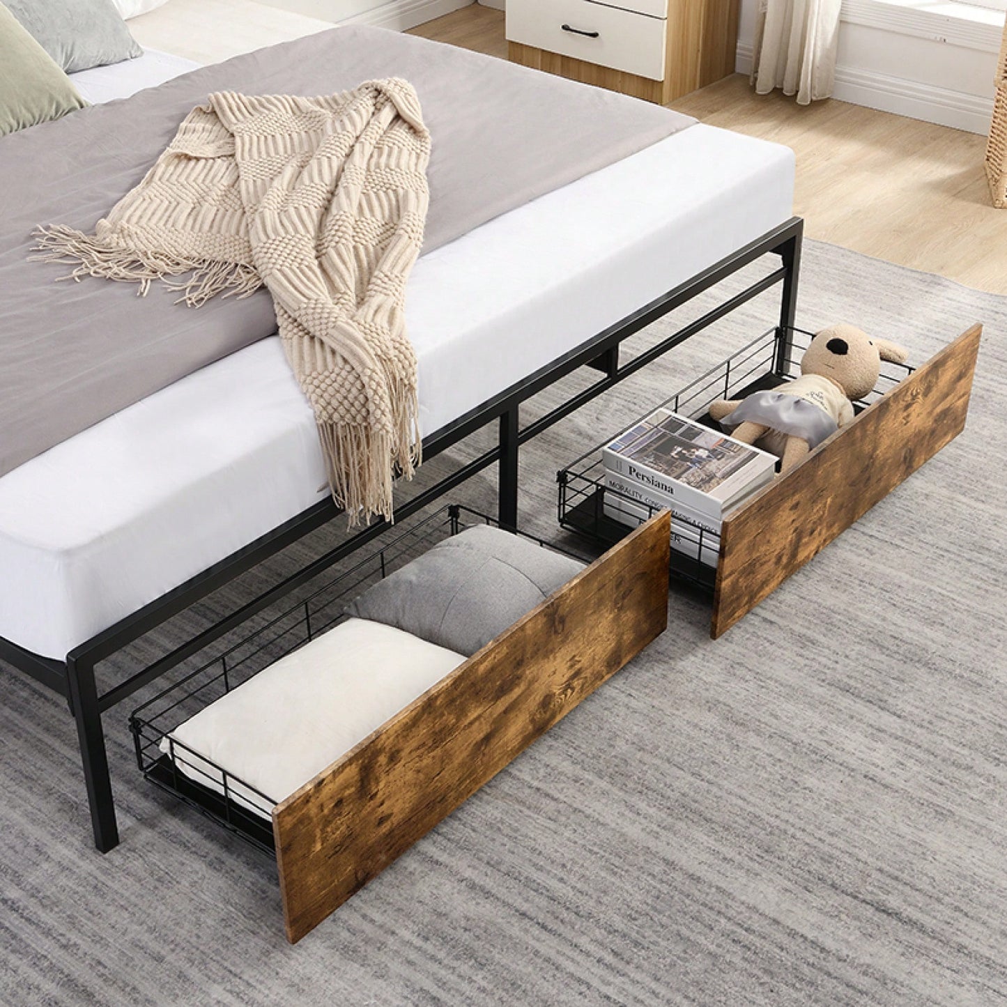 Full Size Bed Frame With Storage Headboard And Charging Station, Sturdy Noise-Free Design, No Box Spring Required, Easy To Assemble