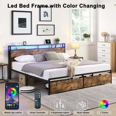 King Size Bed Frame With Storage Headboard And Charging Station Noise-Free Design Easy Assembly No Box Spring Required