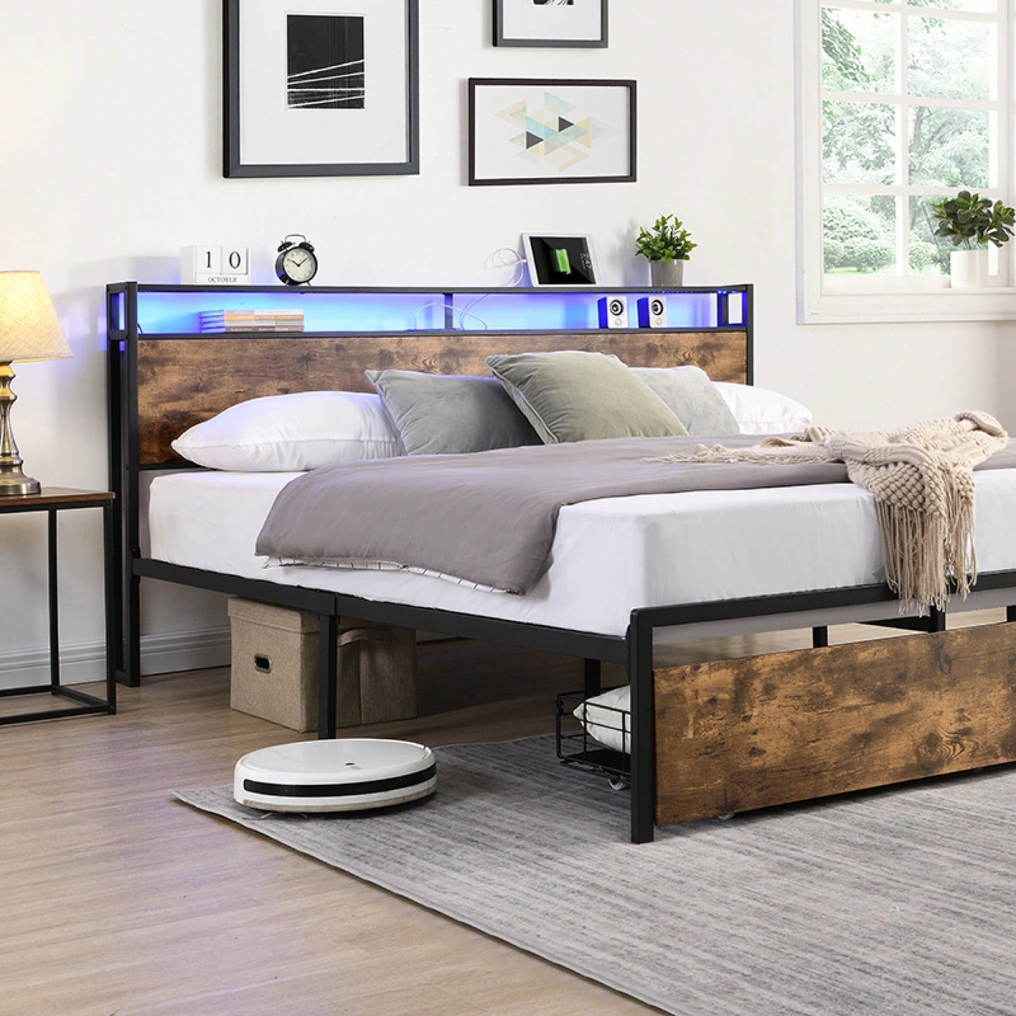 King Size Bed Frame With Storage Headboard And Charging Station Noise-Free Design Easy Assembly No Box Spring Required