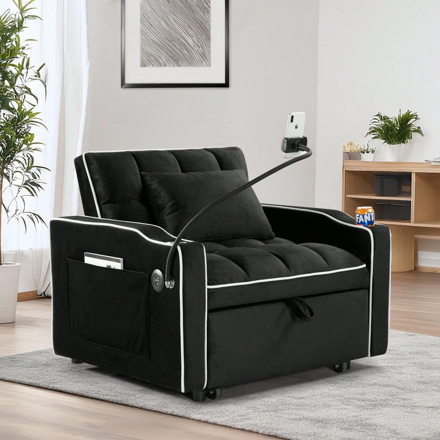 Adjustable Convertible Sleeper Chair Sofa Bed With Multi-Pockets For Small Spaces In Black