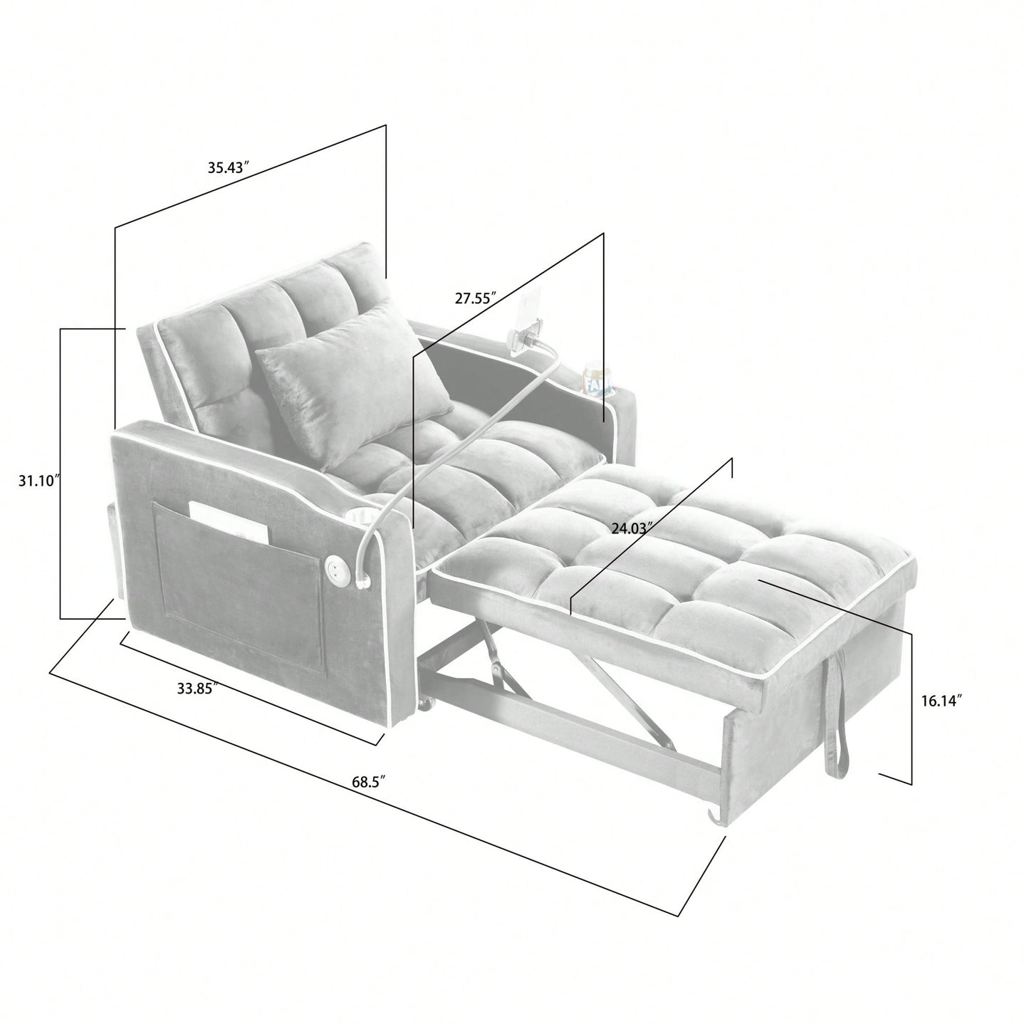 Adjustable Convertible Sleeper Chair Sofa Bed With Multi-Pockets For Small Spaces In Black