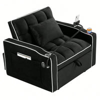 Adjustable Convertible Sleeper Chair Sofa Bed With Multi-Pockets For Small Spaces In Black