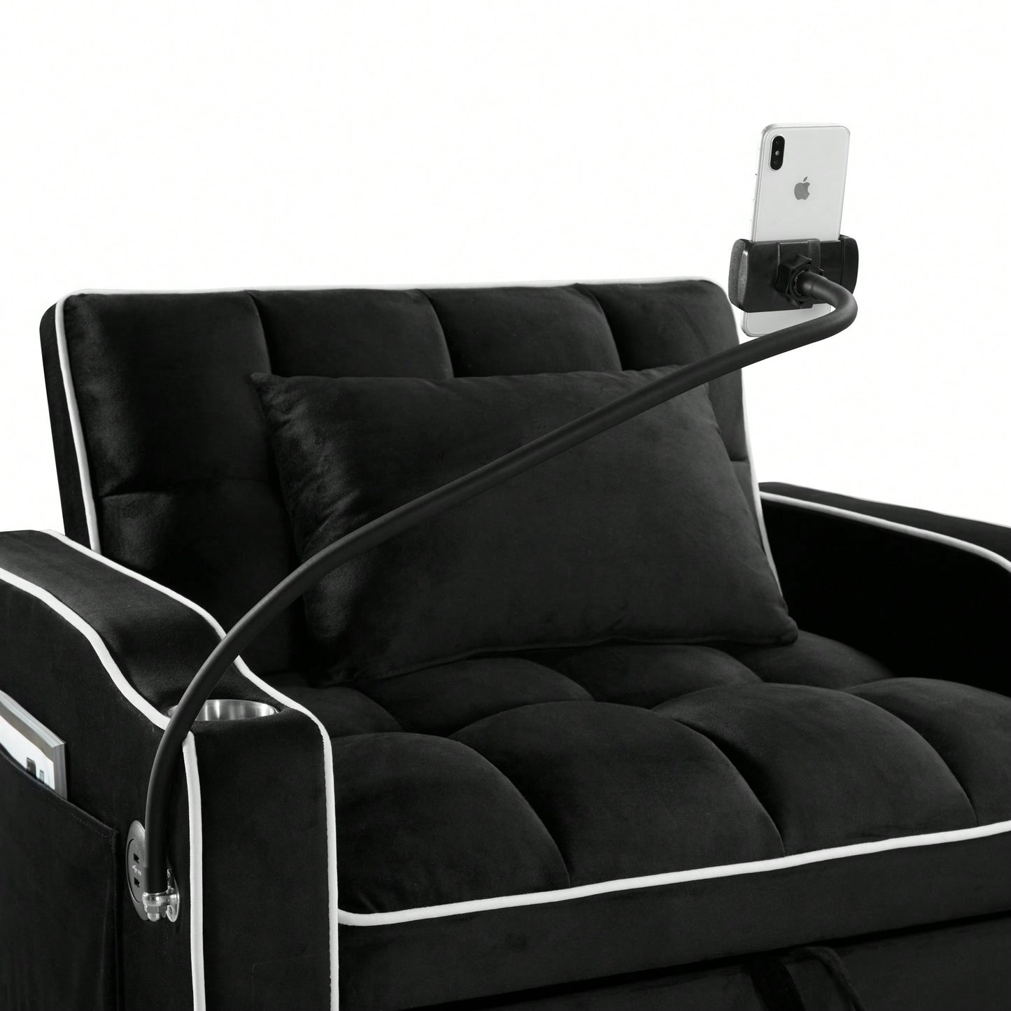 Adjustable Convertible Sleeper Chair Sofa Bed With Multi-Pockets For Small Spaces In Black