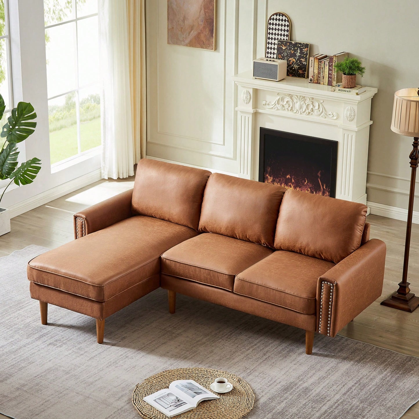 L-Shape Sofa Couch With Chaise In Brown Suede Fabric And Copper Nail Trim, Stylish Wooden Legs For Modern Living Spaces