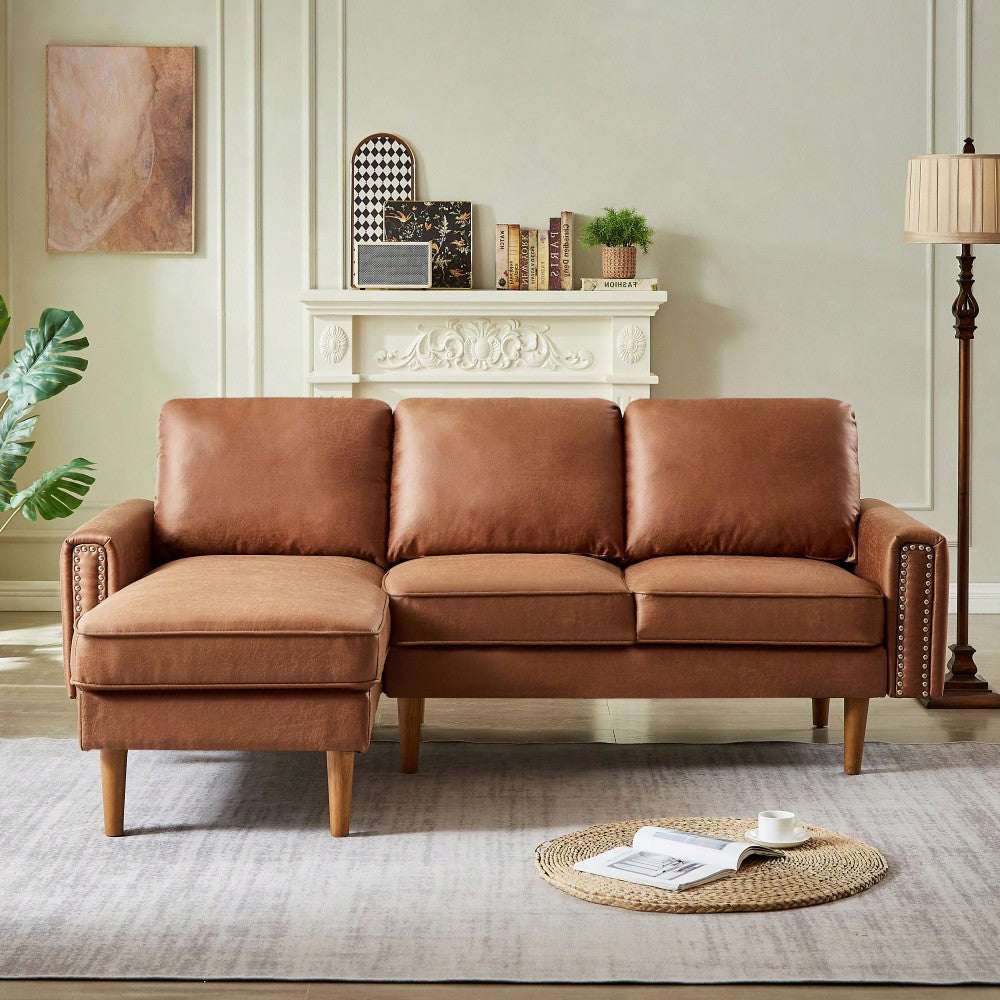 L-Shape Sofa Couch With Chaise In Brown Suede Fabric And Copper Nail Trim, Stylish Wooden Legs For Modern Living Spaces