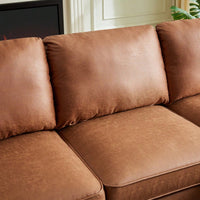 L-Shape Sofa Couch With Chaise In Brown Suede Fabric And Copper Nail Trim, Stylish Wooden Legs For Modern Living Spaces