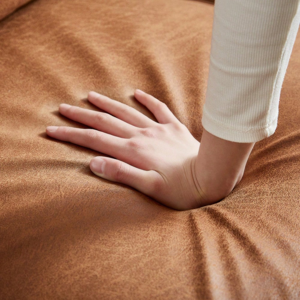 L-Shape Sofa Couch With Chaise In Brown Suede Fabric And Copper Nail Trim, Stylish Wooden Legs For Modern Living Spaces