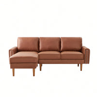 L-Shape Sofa Couch With Chaise In Brown Suede Fabric And Copper Nail Trim, Stylish Wooden Legs For Modern Living Spaces