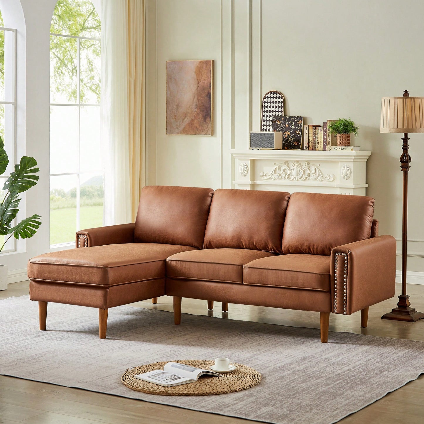 L-Shape Sofa Couch With Chaise In Brown Suede Fabric And Copper Nail Trim, Stylish Wooden Legs For Modern Living Spaces