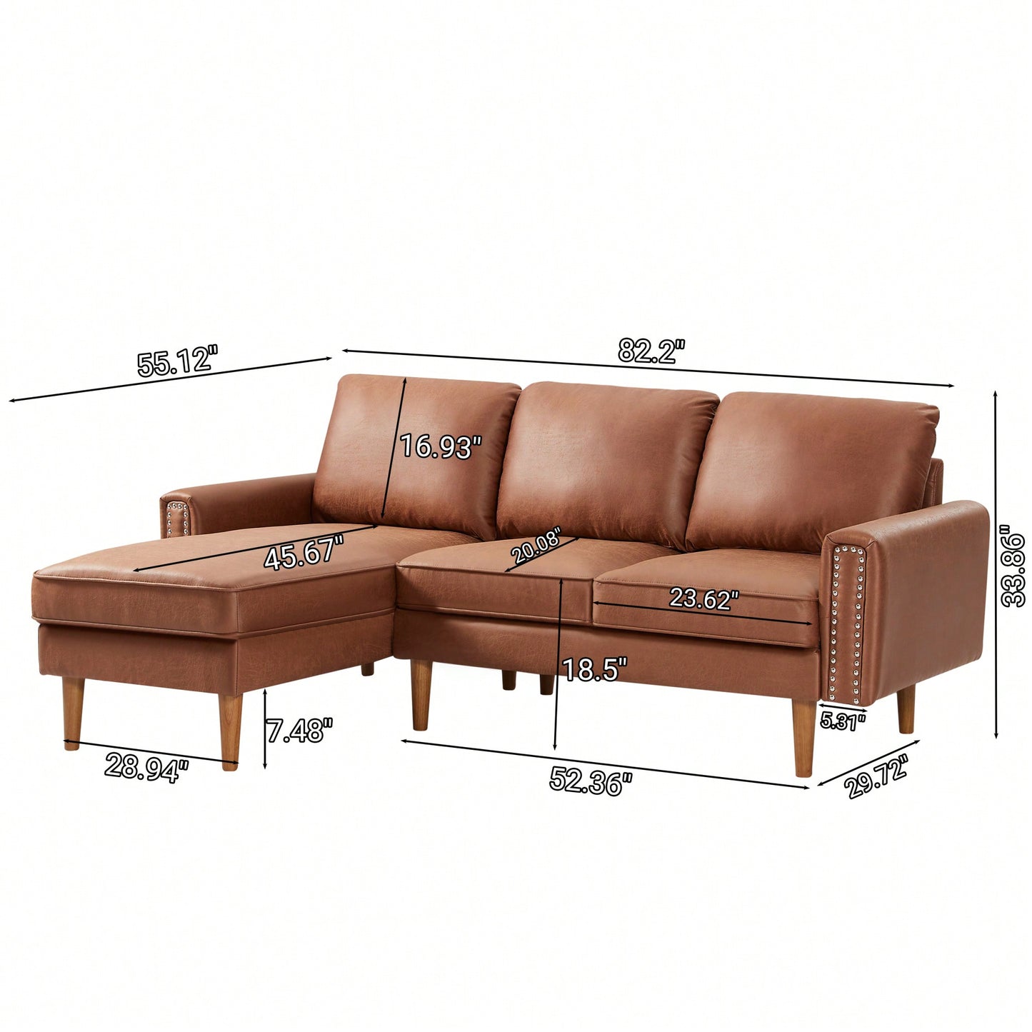 L-Shape Sofa Couch With Chaise In Brown Suede Fabric And Copper Nail Trim, Stylish Wooden Legs For Modern Living Spaces