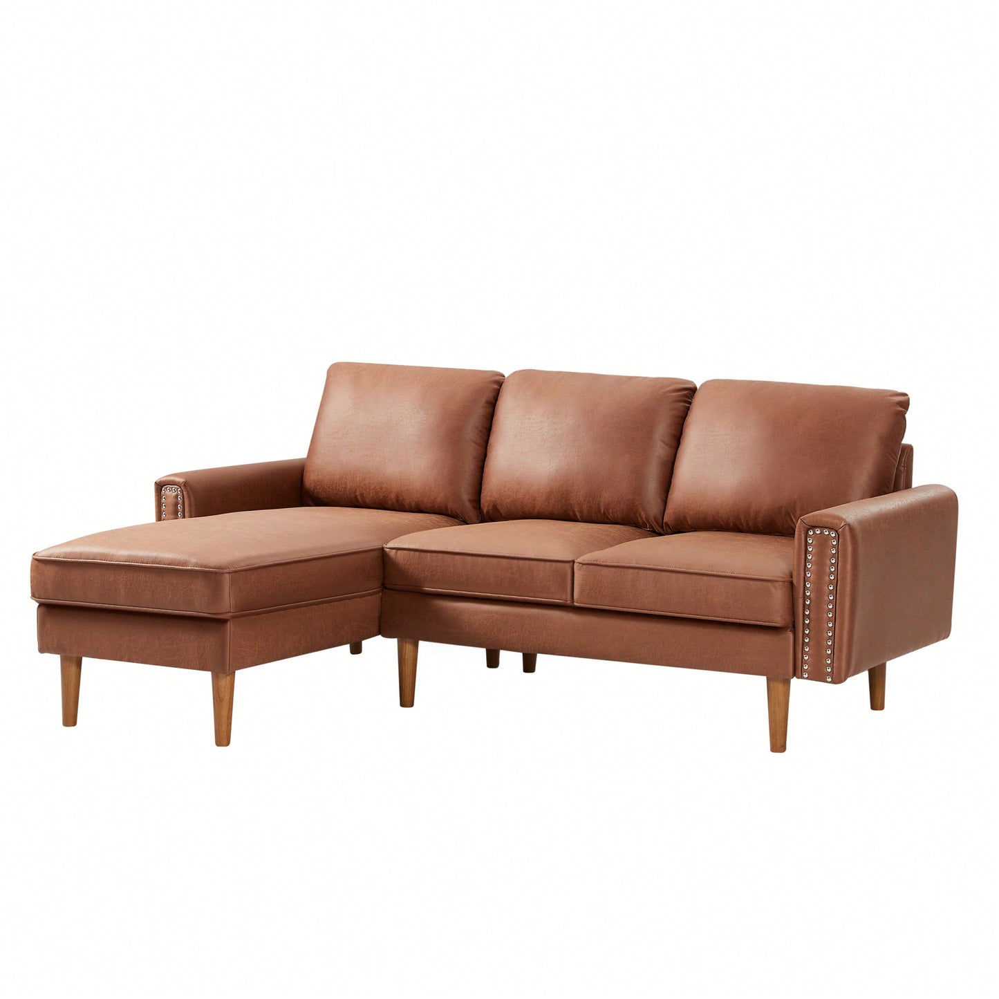 L-Shape Sofa Couch With Chaise In Brown Suede Fabric And Copper Nail Trim, Stylish Wooden Legs For Modern Living Spaces