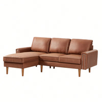 L-Shape Sofa Couch With Chaise In Brown Suede Fabric And Copper Nail Trim, Stylish Wooden Legs For Modern Living Spaces