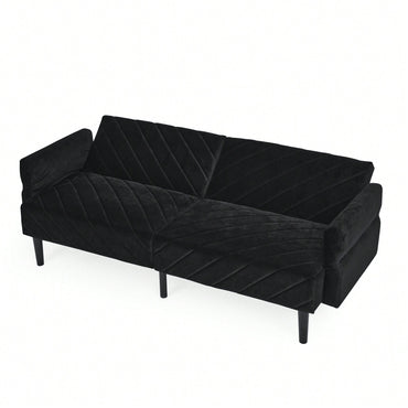 Convertible Velvet Futon Sofa Bed With Adjustable Armrests And Tufted Design For Small Spaces