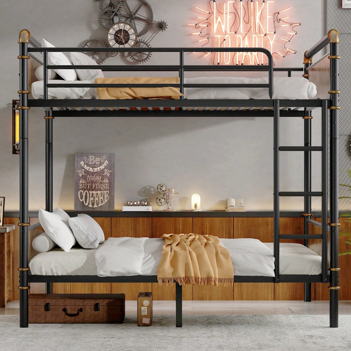 Industrial Twin XL Metal Bunk Bed With Detachable Design And Safety Guard Rails For Teens In Black