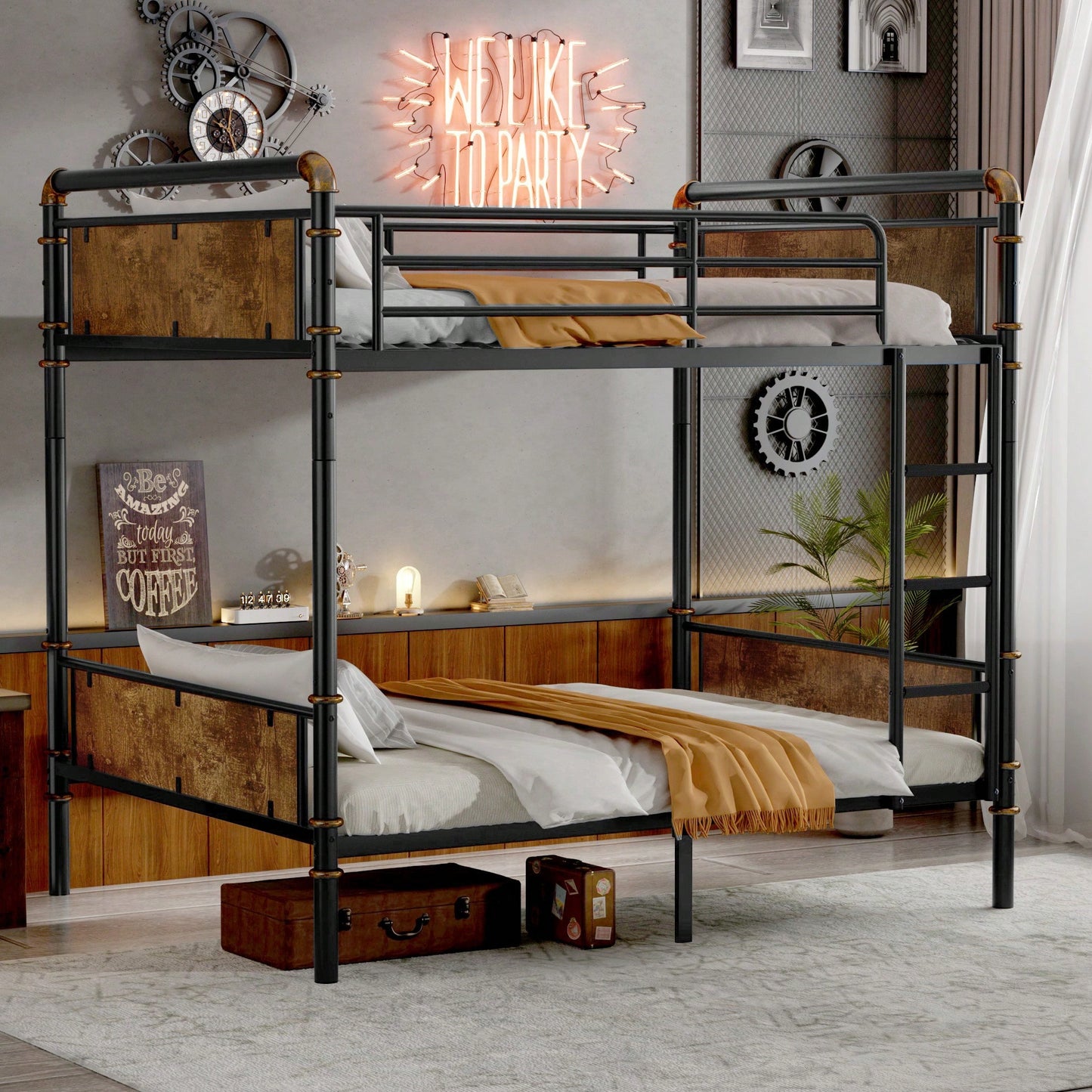 Industrial Twin XL Metal Bunk Bed With Detachable Design And Safety Guard Rails For Teens In Black