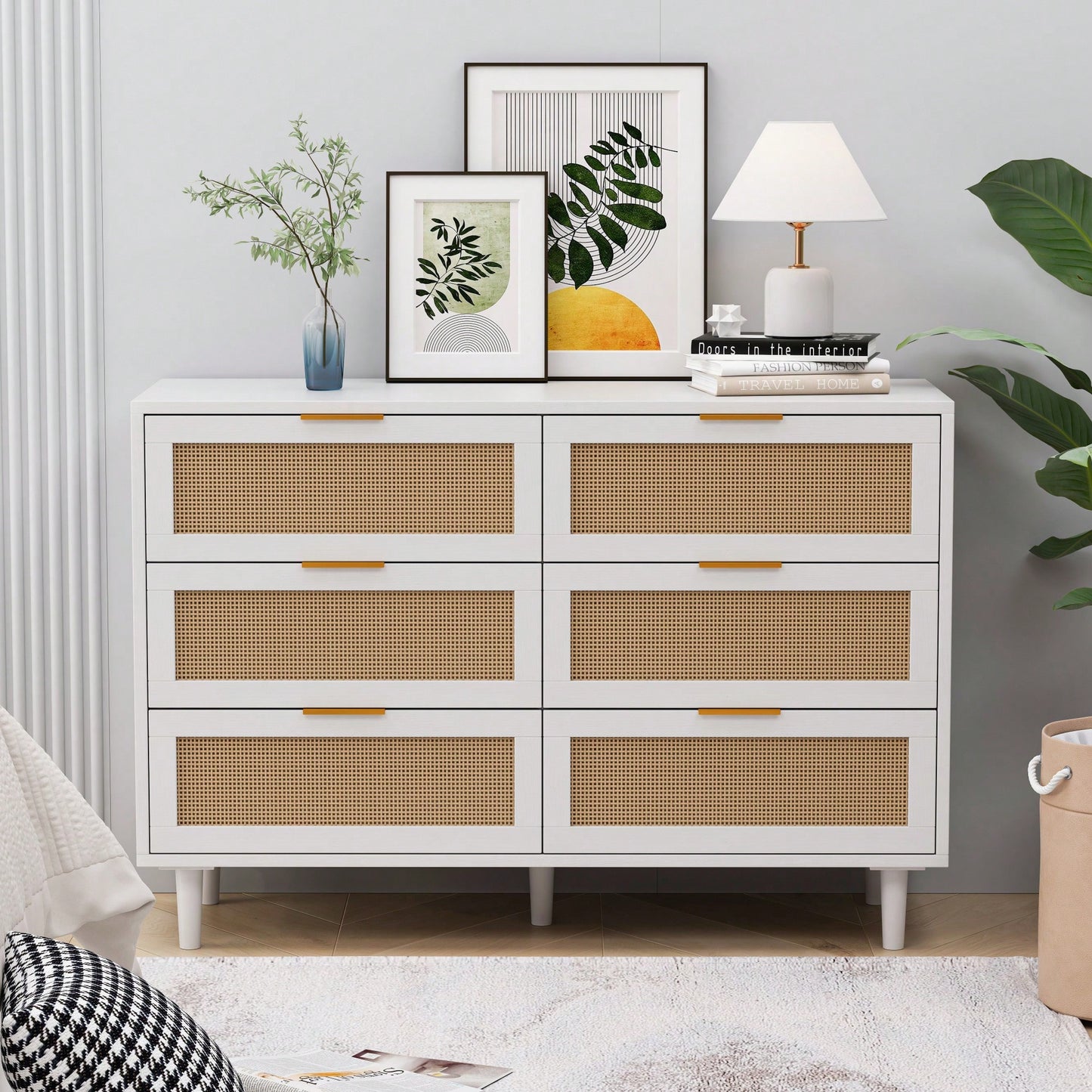 Rattan Storage Cabinet With 6 Drawers For Bedroom And Living Room In White