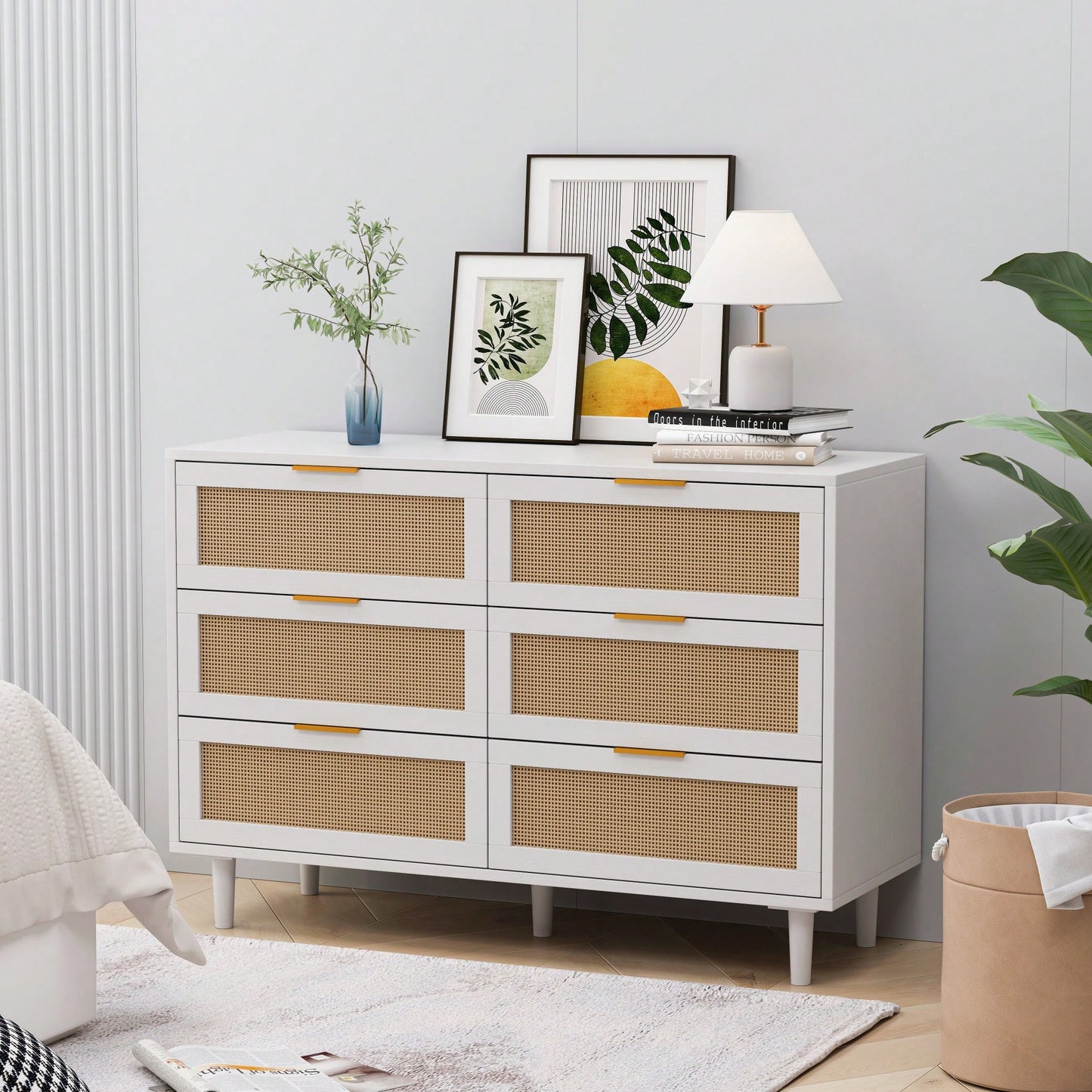 Rattan Storage Cabinet With 6 Drawers For Bedroom And Living Room In White