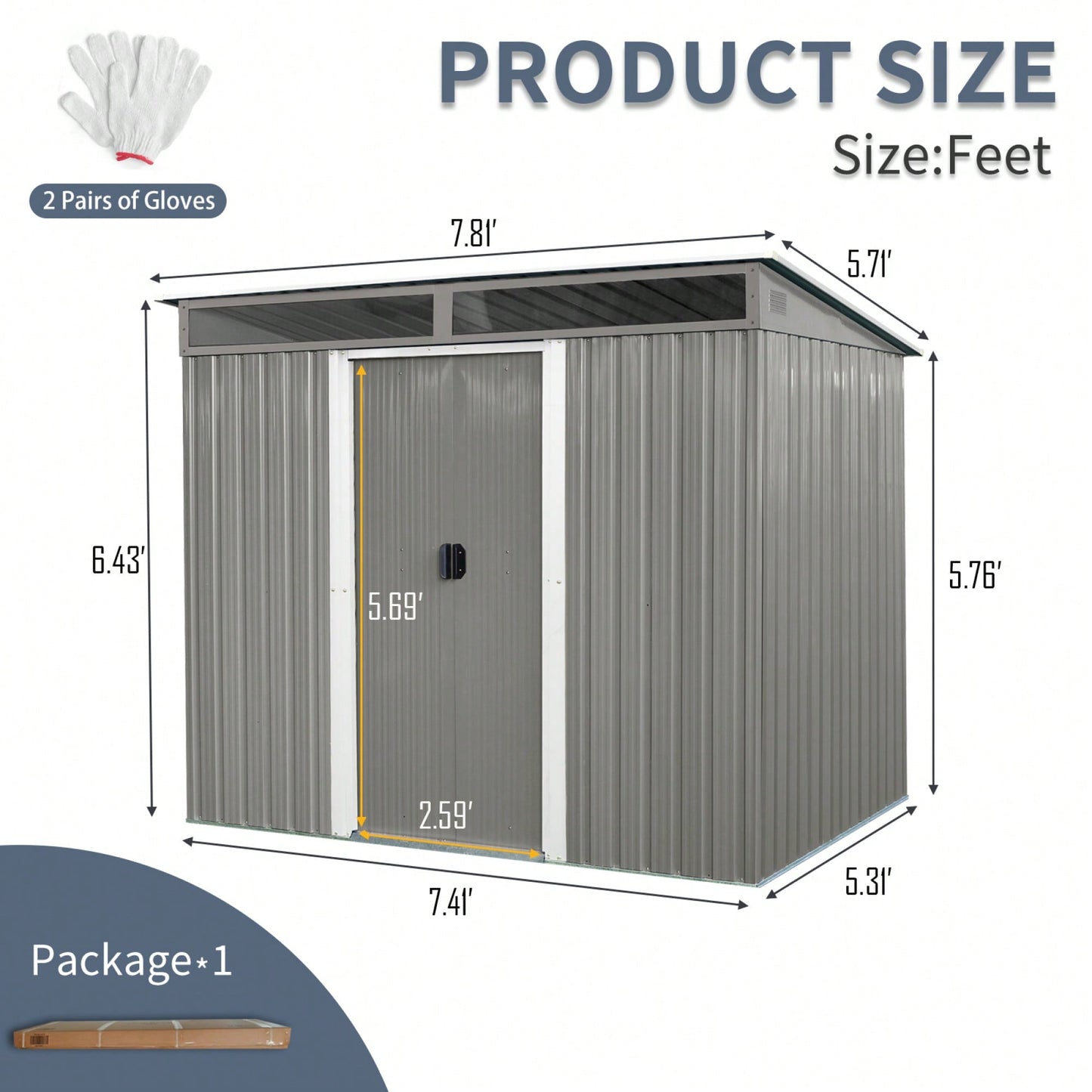 8ft X 6ft Outdoor Metal Storage Shed With Lockable Sliding Doors And Transparent Panel For Garden And Lawn Use Gray