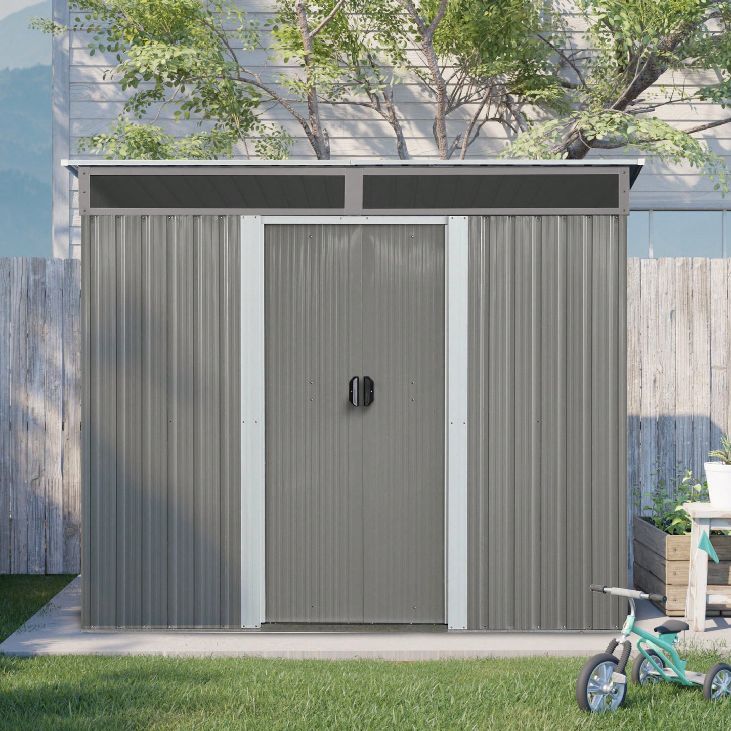 8ft X 6ft Outdoor Metal Storage Shed With Lockable Sliding Doors And Transparent Panel For Garden And Lawn Use Gray