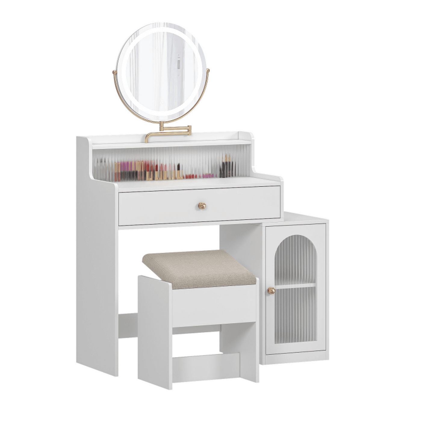 Elegant White Makeup Vanity Set With Round Mirror And LED Lights, Dressing Table With Side Cabinet And Chair For Glamorous Spaces