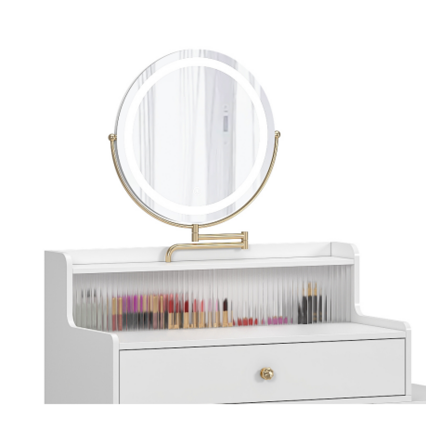 Elegant White Makeup Vanity Set With Round Mirror And LED Lights, Dressing Table With Side Cabinet And Chair For Glamorous Spaces