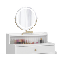 Elegant White Makeup Vanity Set With Round Mirror And LED Lights, Dressing Table With Side Cabinet And Chair For Glamorous Spaces