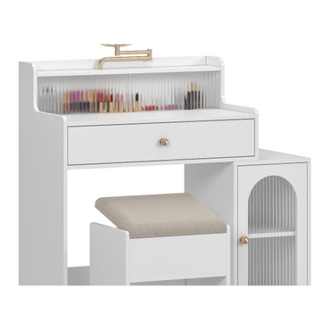 Elegant White Makeup Vanity Set With Round Mirror And LED Lights, Dressing Table With Side Cabinet And Chair For Glamorous Spaces