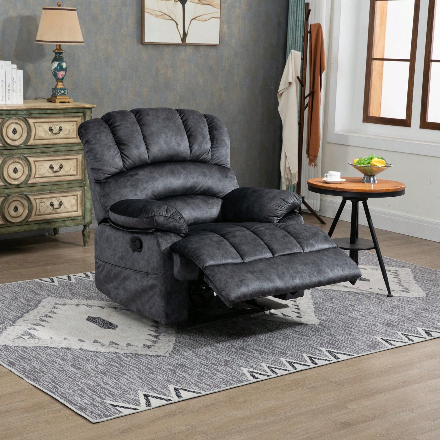 Cozy Gray Fabric Large Manual Recliner Chair For Living Room Comfort