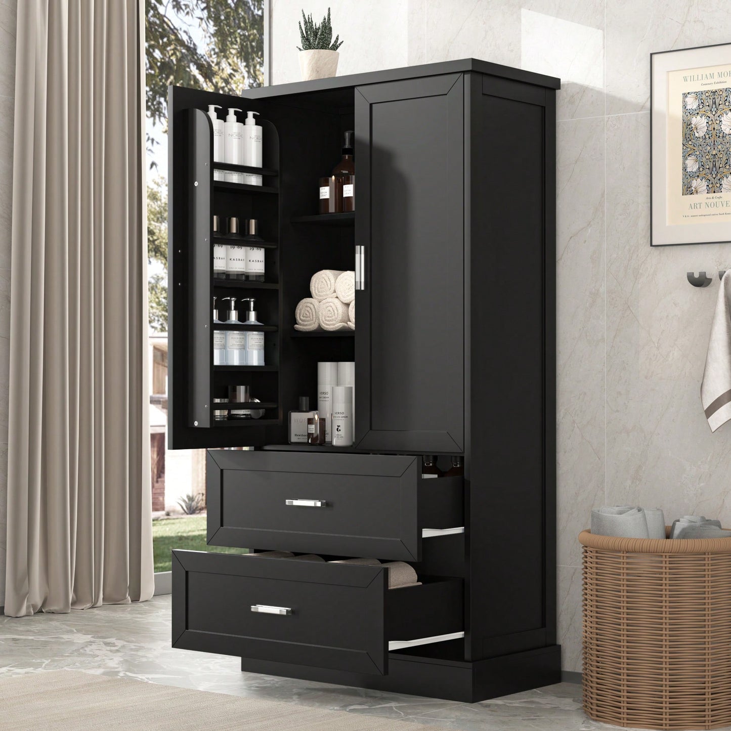 Elegant Tall Bathroom Storage Cabinet With Adjustable Shelf And Two Doors, Space-Saving Design For Organized Storage, Black MDF Finish