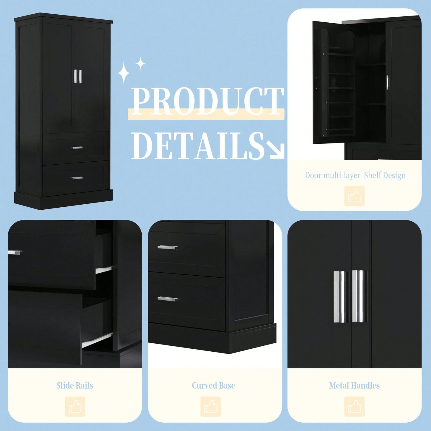 Elegant Tall Bathroom Storage Cabinet With Adjustable Shelf And Two Doors, Space-Saving Design For Organized Storage, Black MDF Finish