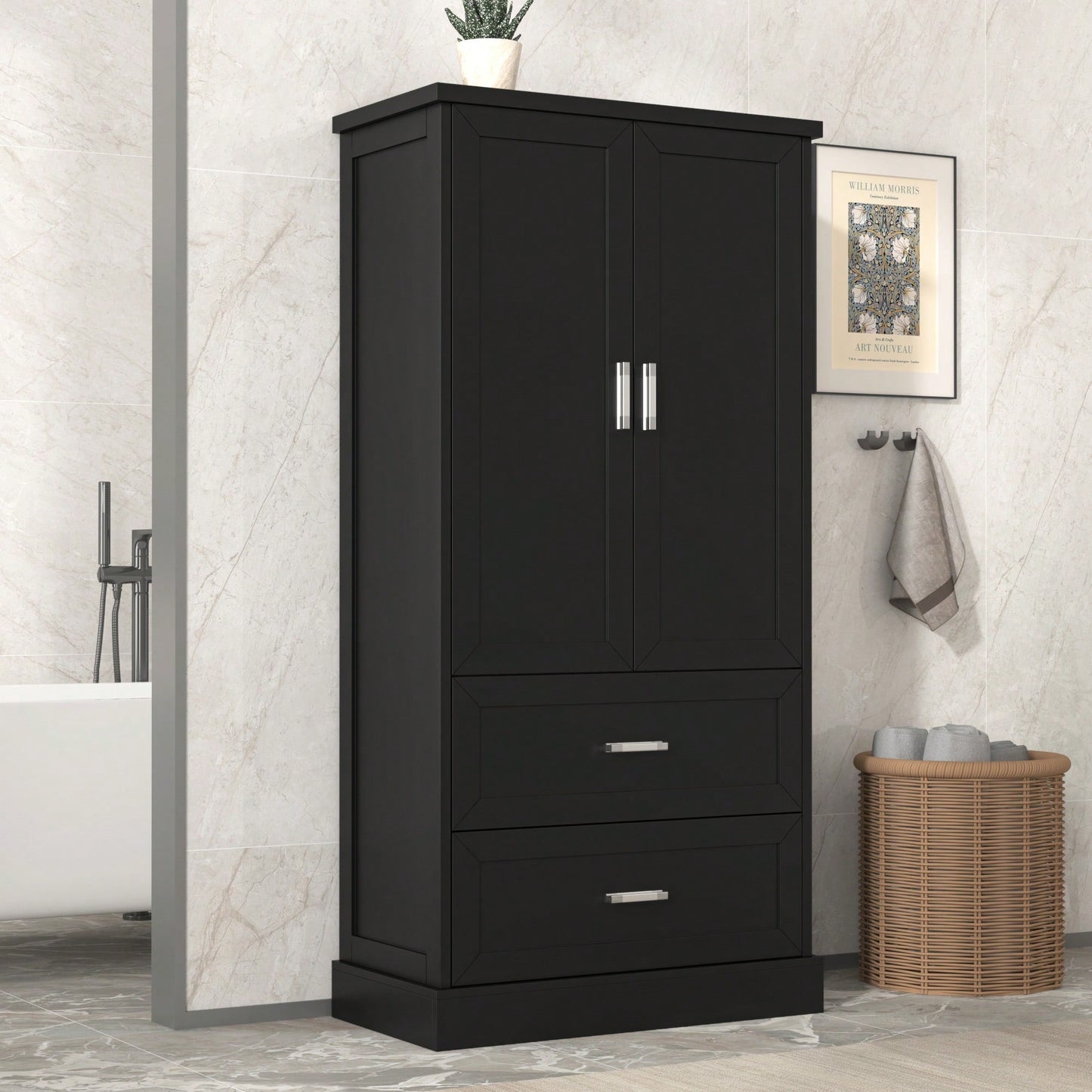 Elegant Tall Bathroom Storage Cabinet With Adjustable Shelf And Two Doors, Space-Saving Design For Organized Storage, Black MDF Finish