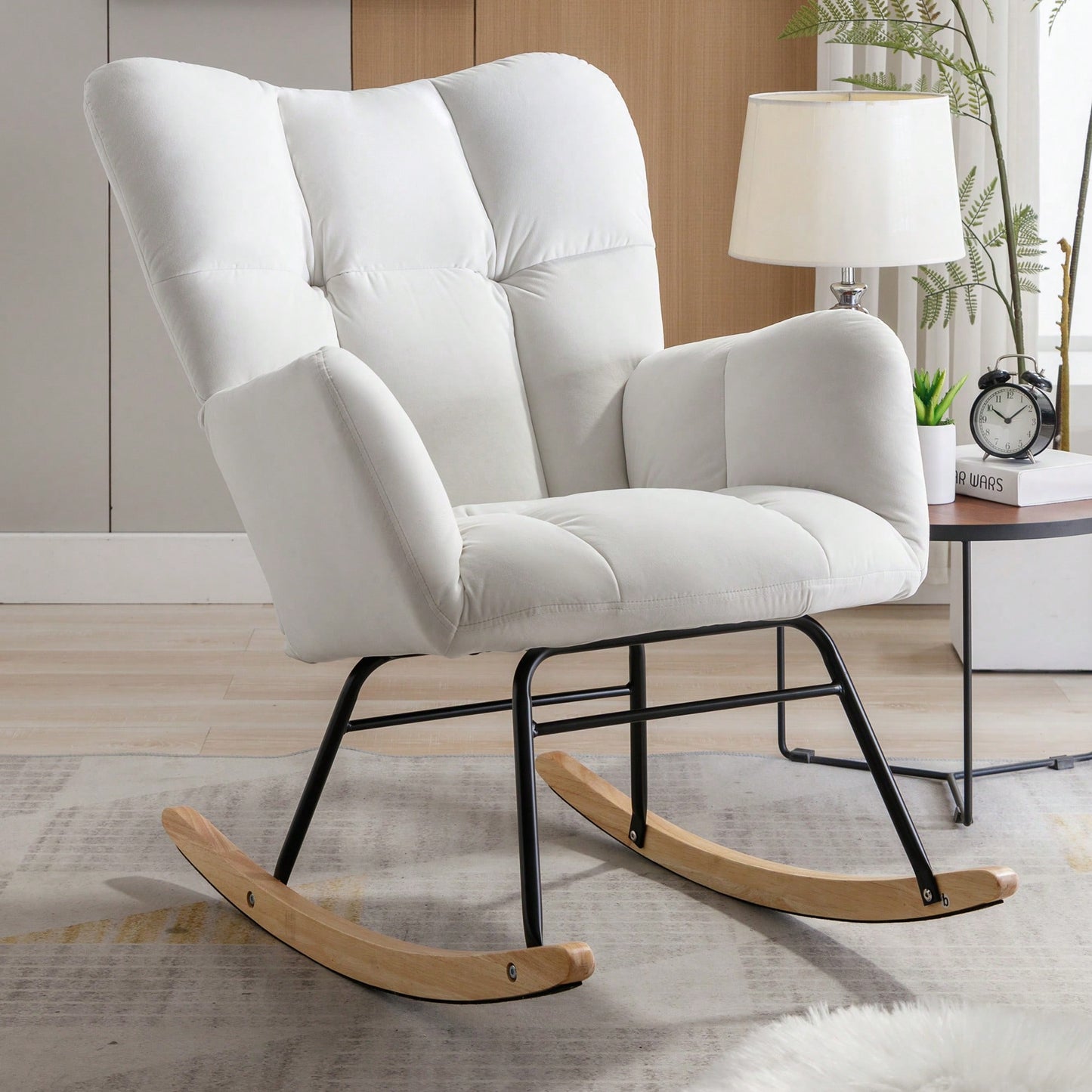 Elegant Velvet Tufted Rocking Chair With Padded Seat For Living Room And Bedroom In White