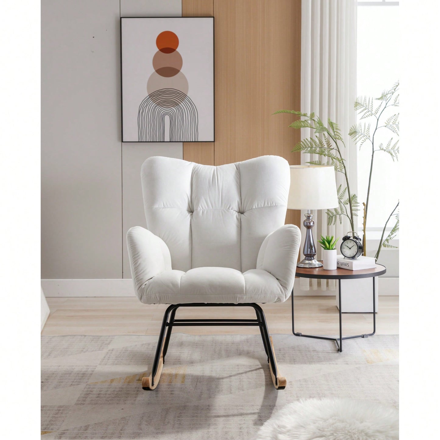 Elegant Velvet Tufted Rocking Chair With Padded Seat For Living Room And Bedroom In White