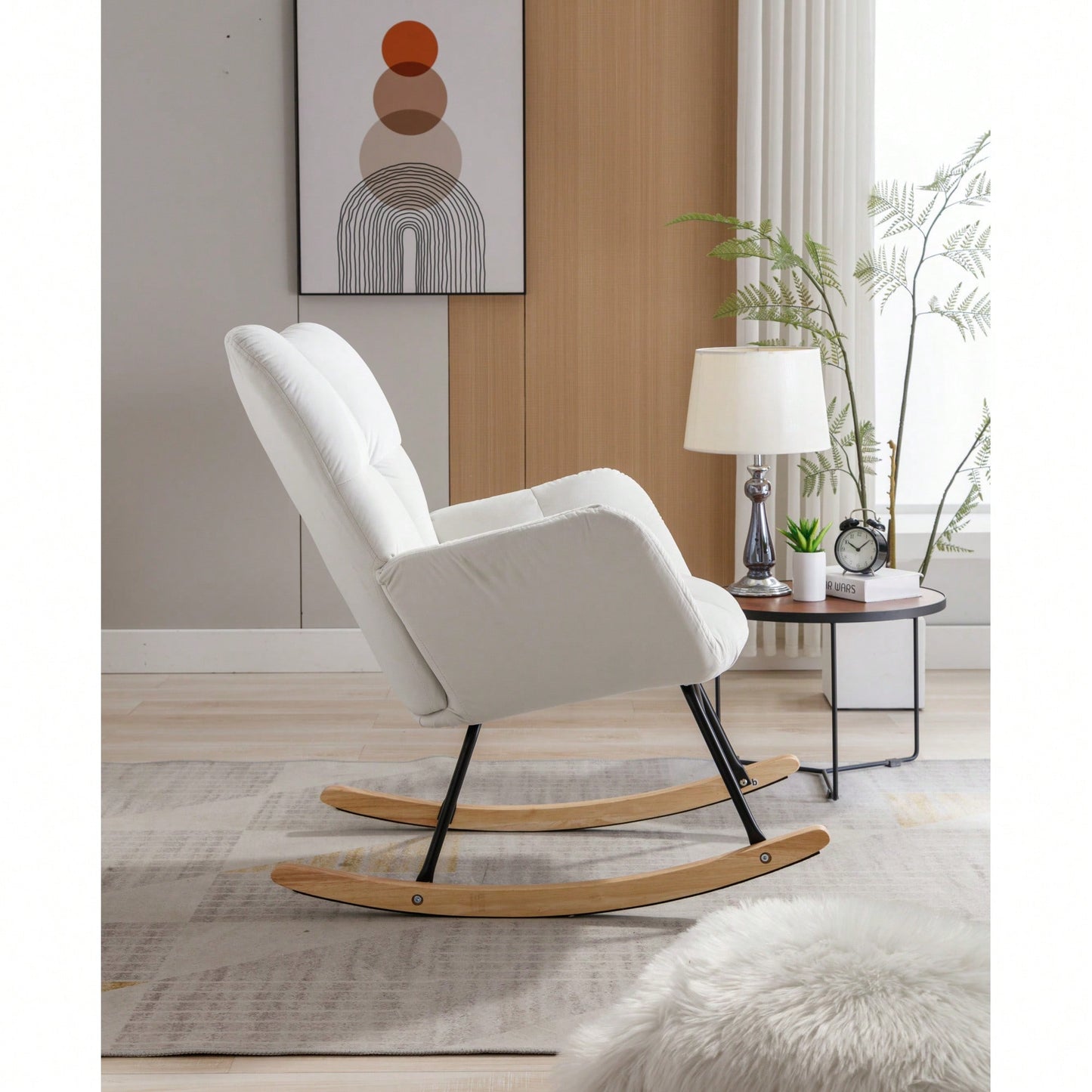 Elegant Velvet Tufted Rocking Chair With Padded Seat For Living Room And Bedroom In White