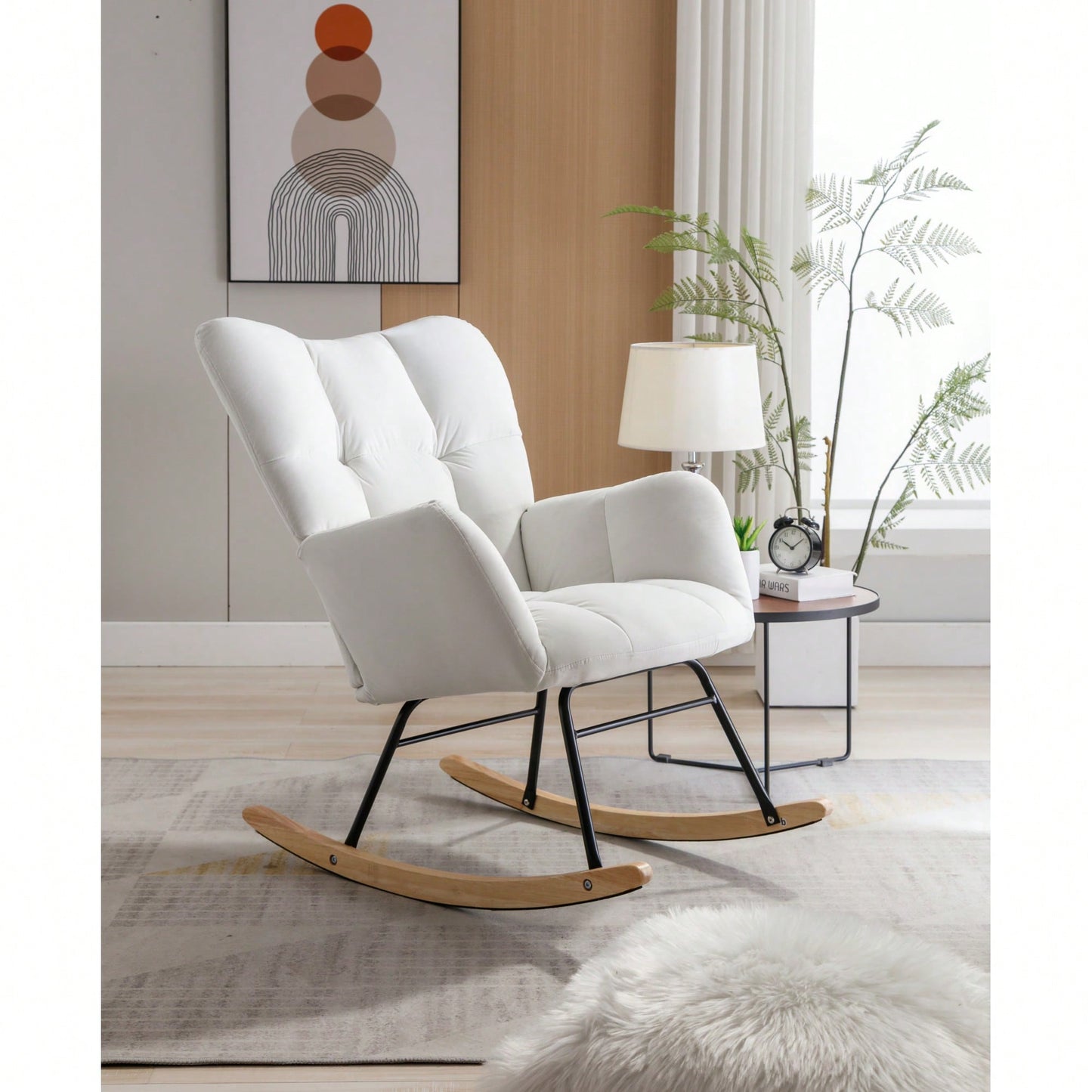 Elegant Velvet Tufted Rocking Chair With Padded Seat For Living Room And Bedroom In White