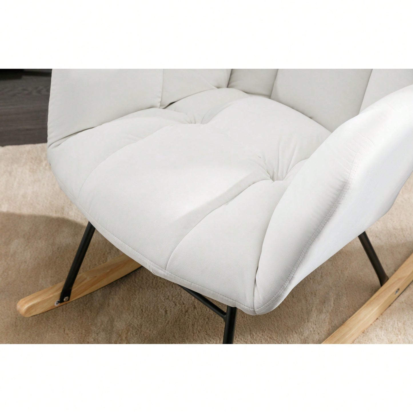 Elegant Velvet Tufted Rocking Chair With Padded Seat For Living Room And Bedroom In White