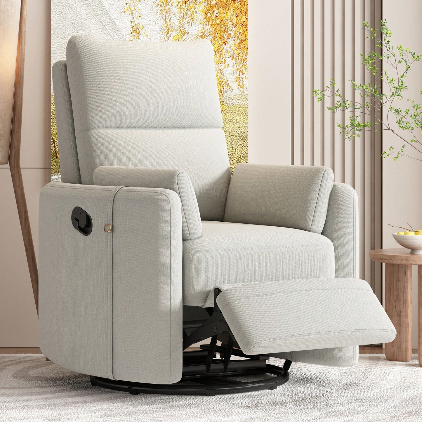 Upholstered Swivel Recliner Chair With Rocker Function And Removable Pillows For Nursery And Living Room In Beige