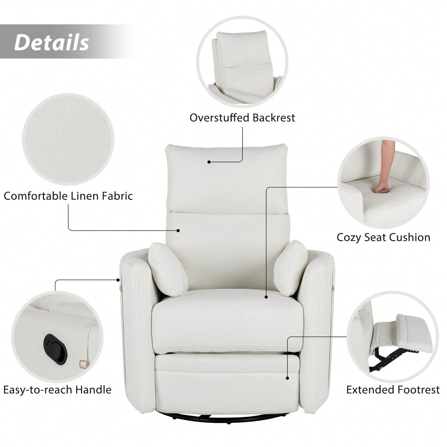 Upholstered Swivel Recliner Chair With Rocker Function And Removable Pillows For Nursery And Living Room In Beige