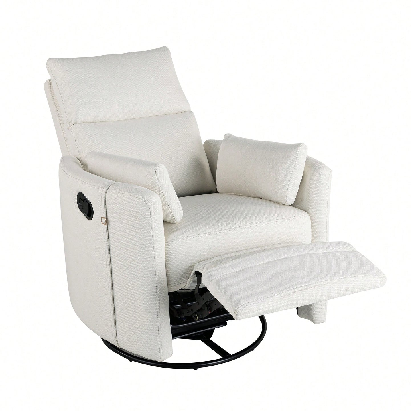 Upholstered Swivel Recliner Chair With Rocker Function And Removable Pillows For Nursery And Living Room In Beige