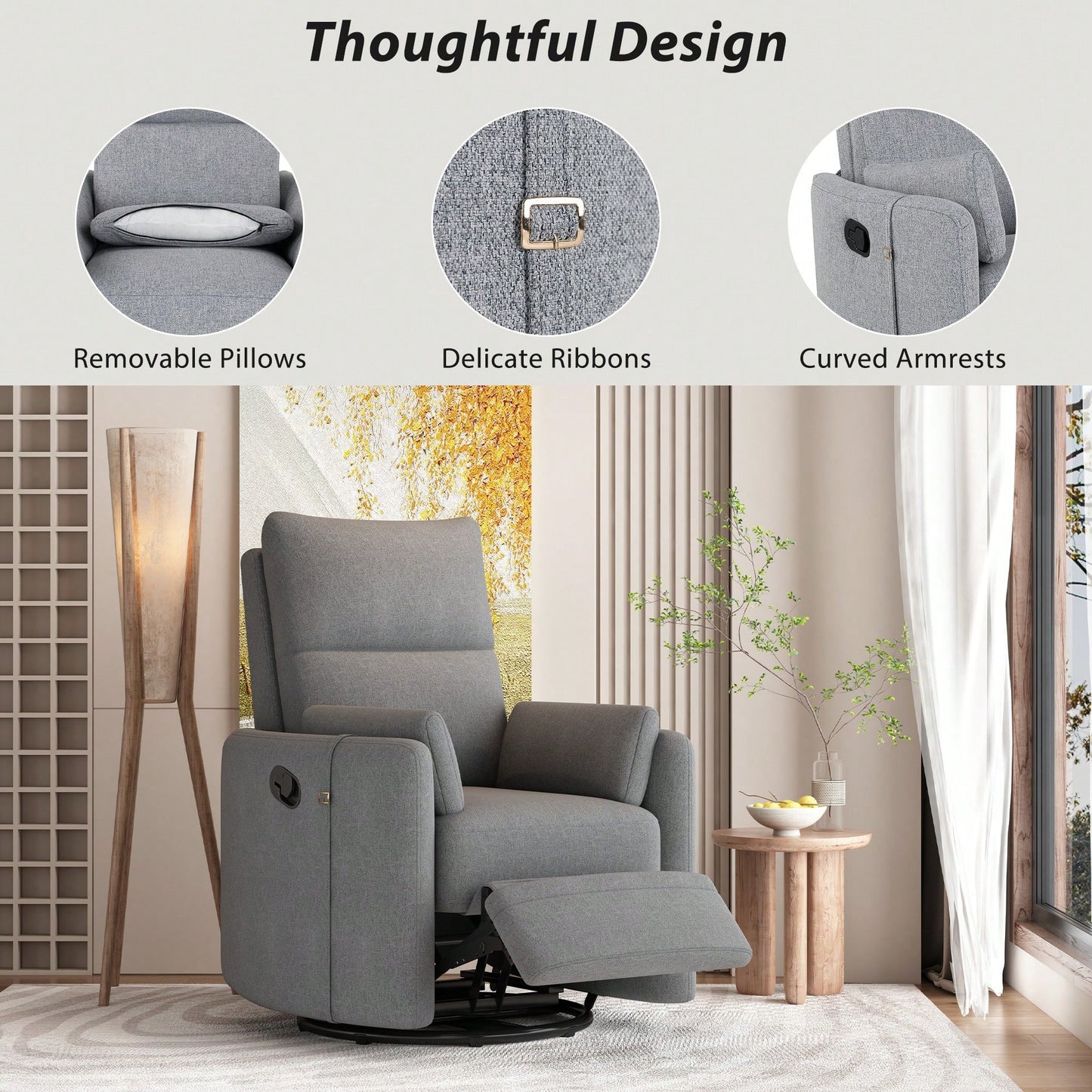 Upholstered Swivel Recliner Chair With Rocker Function And Removable Pillows For Nursery And Living Room In Beige