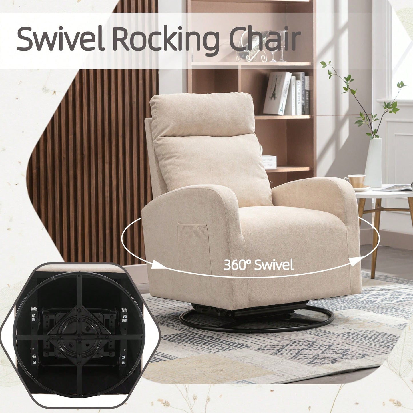 Upholstered Swivel Glider Rocking Chair For Nursery Modern Design With Left Bag Beige