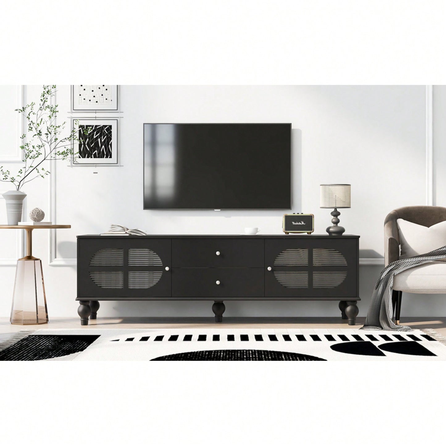 Modern 68.9 Inch TV Stand For Up To 75 Inch TVs, Stylish Entertainment Center With Fluted Glass Doors And Five Solid Wood Legs